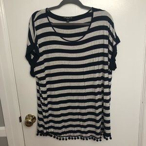 Navy Blue and Grey striped top with Pom poms